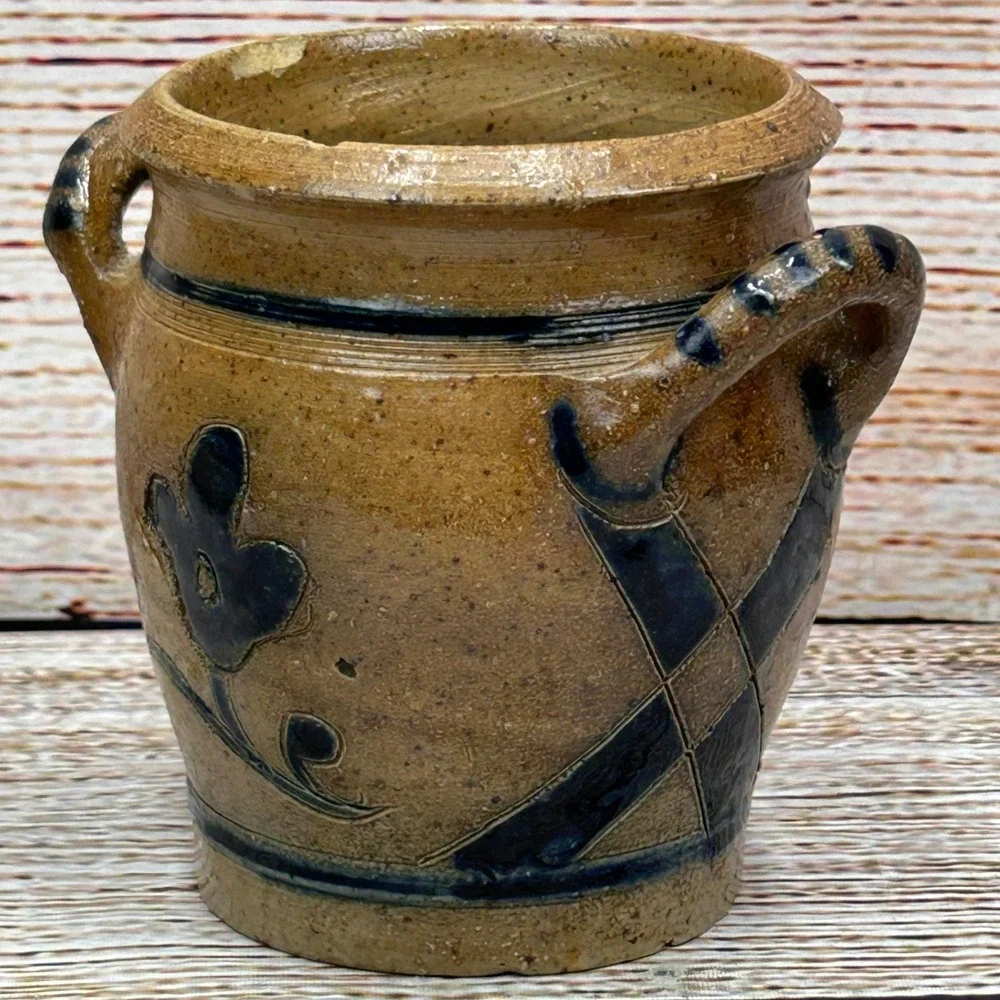 Handcrafted Salt‎ Glazed Stoneware Crock Cobalt Blue Floral Small 4.5 inch Jar